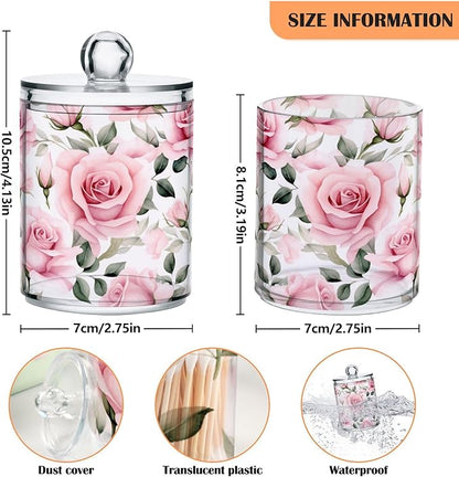 MNSRUU 2 Pack Qtip Holder Organizer Dispenser Pink Roses Pink Bathroom Storage Canister Cotton Ball Holder Bathroom Containers for Cotton Swabs/Pads/Floss