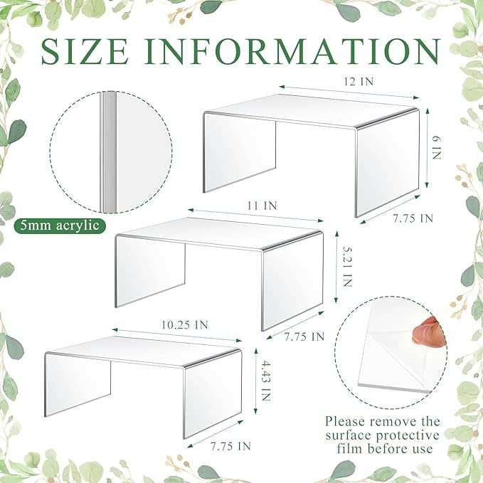 3 Pcs Extra Large 12,11,10.25 Inch Acrylic Display Risers Clear Acrylic Shelf Riser Display Stands 5 mm Thick Rectangular for Collectibles Figures