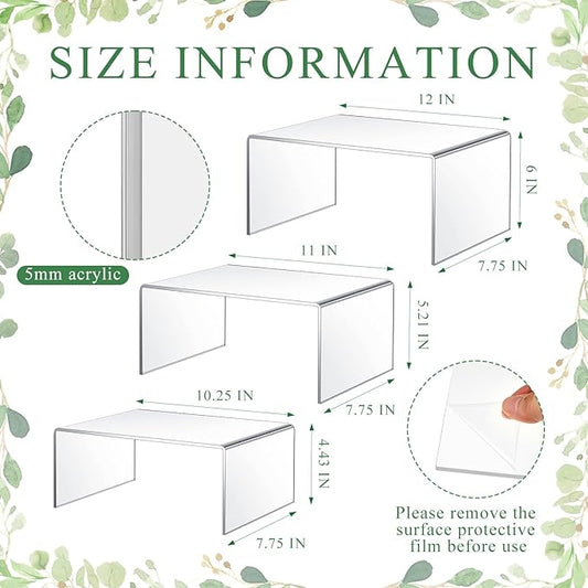3 Pcs Extra Large 12,11,10.25 Inch Acrylic Display Risers Clear Acrylic Shelf Riser Display Stands 5 mm Thick Rectangular for Collectibles Figures
