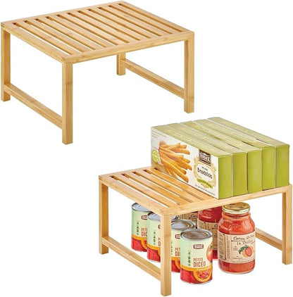 mDesign Wooden Stackable Storage Shelf - Food and Kitchen Organizer for Cabinet, Pantry Shelves, Countertop, Cabinet - Echo Collection - 2 Pack - Natural Bamboo