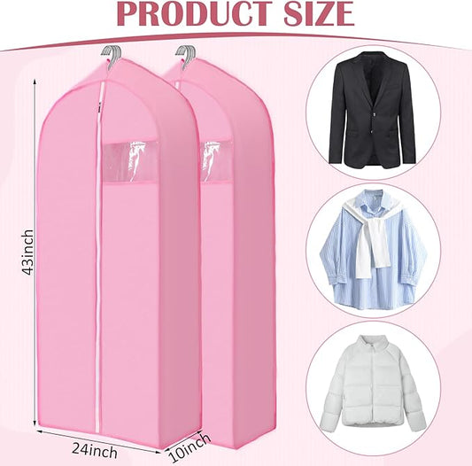 2 Pcs 10" Gusseted Garment Bags for Hanging Clothes Dress Bags for Gowns Long Closet Waterproof Garment Covers Wedding Dress Cover Traveling Clothes Protector(Pink,43 Inch)