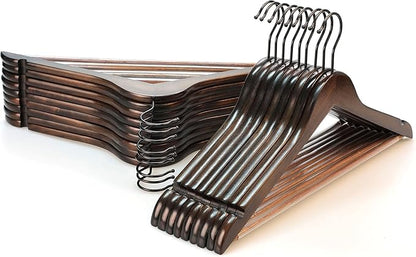 TOPIA HANGER Heavy Duty Wood Coat Hangers in Smooth Retro Finish, Boutique Quality Wooden Suit Hangers-Non-Slip Rubber Pants Bar and Smoothly Cut Notches-360° Rotating Black Hook-30 Pack, CT04A30