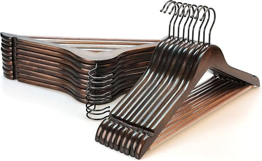 TOPIA HANGER Heavy Duty Wood Coat Hangers in Smooth Retro Finish, Boutique Quality Wooden Suit Hangers-Non-Slip Rubber Pants Bar and Smoothly Cut Notches-360° Rotating Black Hook-30 Pack, CT04A30