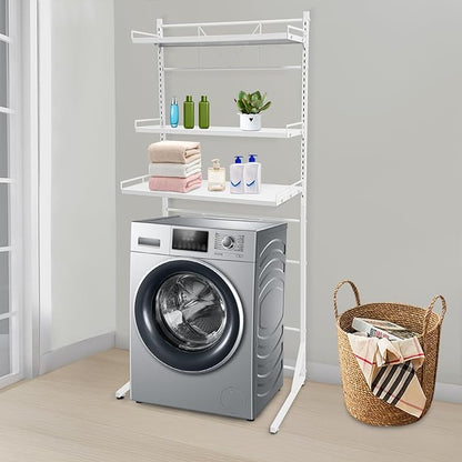 Eapmic Over The Washer and Dryer Storage Shelves, Laundry Room Standing Shelf, 3 Tier Expandable Washer and Dryer Rack with Adjustable Height, Over Toilet Washing Machine Width Within 25.2" (White)