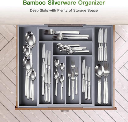 Pipishell Bamboo Expandable Drawer Organizer for Utensils Holder, Adjustable Cutlery Tray, Wood Drawer Dividers Organizer for Silverware, Flatware, Knives in Kitchen, Bedroom, Living Room(Grey)