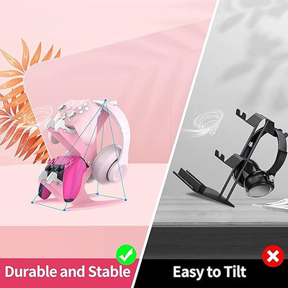 Controller Holder Pink, Game Controller Rack Headset Stand for Xbox Series X S/Xbox one / PS5 / PS4 / NS/PC/Headset, Aluminum Metal Headset Mount Universal Organizer for Video Game Accessories