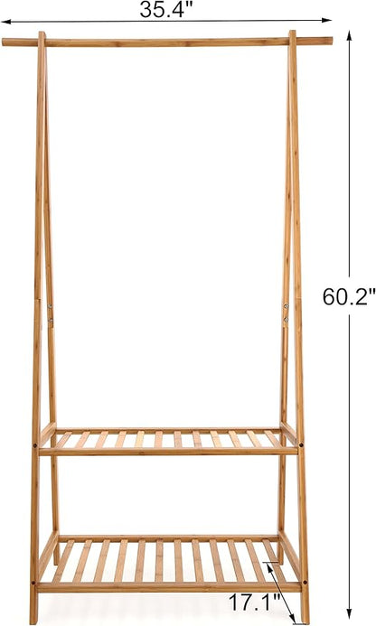 Finnhomy Bamboo Clothes Rack Portable Extra Large Garment Rack 2-Tire Storage Box Shelves For Entryway and Bed Room Patented Design