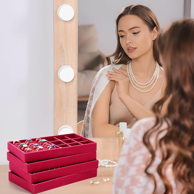 Landical 16 Pcs Jewelry Tray Velvet Stackable Jewelry Organizer Trays Drawer with Divider Earring Ring Necklace Display (Hot Pink)