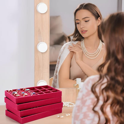 Landical 16 Pcs Jewelry Tray Velvet Stackable Jewelry Organizer Trays Drawer with Divider Earring Ring Necklace Display (Hot Pink)