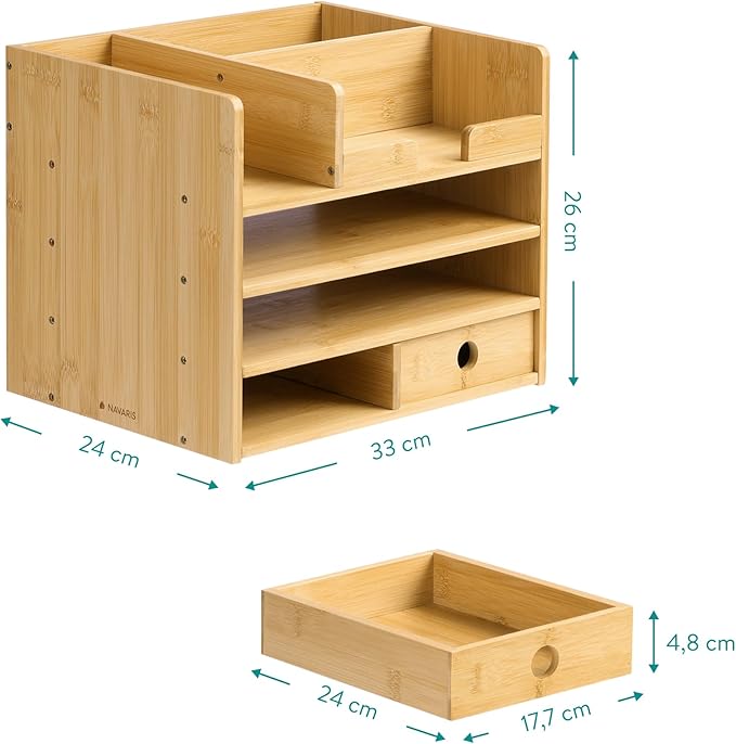 Navaris Bamboo Desk Organizer - Wood Desktop Storage Drawers and Compartments for Organizing Stationery, Documents, Files, Office Accessories