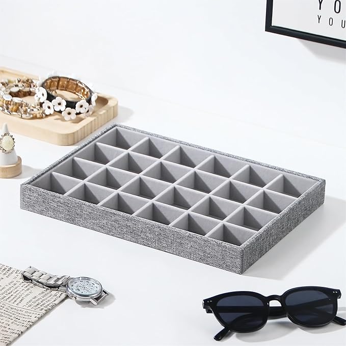 Stackable Jewelry Organizer Tray For Drawers,White Leather Small Earring Storage Tray,Bracelet And Necklace Display Box,Jewelry Ring Display Case (Gray White 24 Grids)