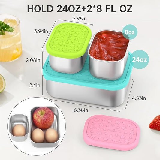 SOPHICO Stainless Steel 24 OZ Snack Containers for Kids，Food Storage Container with Silicone Lid - Perfect 304 Metal Toddler Lunch Box for Daycare and School, Leak Proof(Mint)