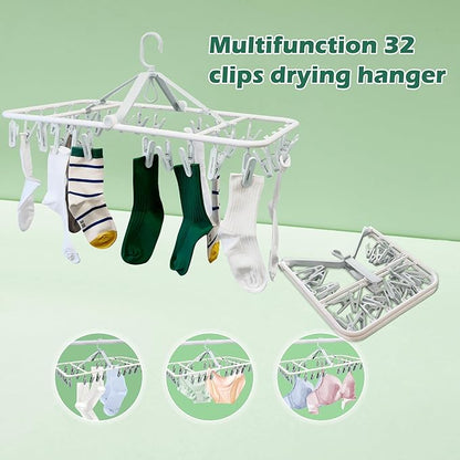 Plastic PP Drying Hanger, Anti-Rusty Drying Rack for Clothes, Socks, Lingeries, Delicates, Drying Hanger with 32 Clips for Baby Clothes, Towels