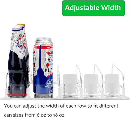 RULA Drink Organizer for Fridge, Self-Pushing Soda Can Dispenser for Mini Refrigerator, Width Adjustable Water Bottle Pusher Glide, White, 5 Rows,12.2” D
