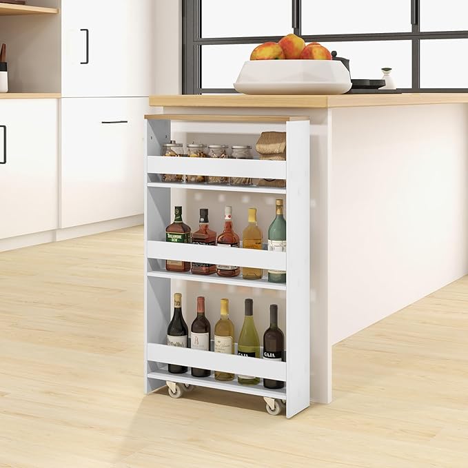 Slim Storage Cart, 4 Tier Rolling Storage Cabinet with 4 Universal Wheels, Convenient Handle, Narrow Laundry Cart for Small Space Bathroom Office