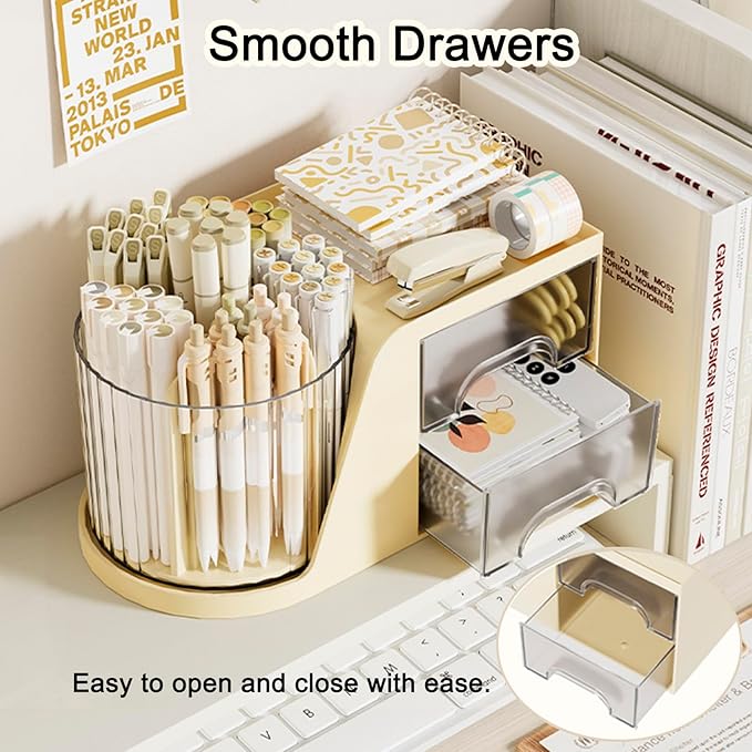 SAYEEC Rotating Desk Organizer with 2 Drawer, 6 Slots Multi-Functional Pencil Pen Holder, Desktop Makeup Organizer Stationery Accessories Storage Box Caddy for Office School Home Art Supplies (Beige)
