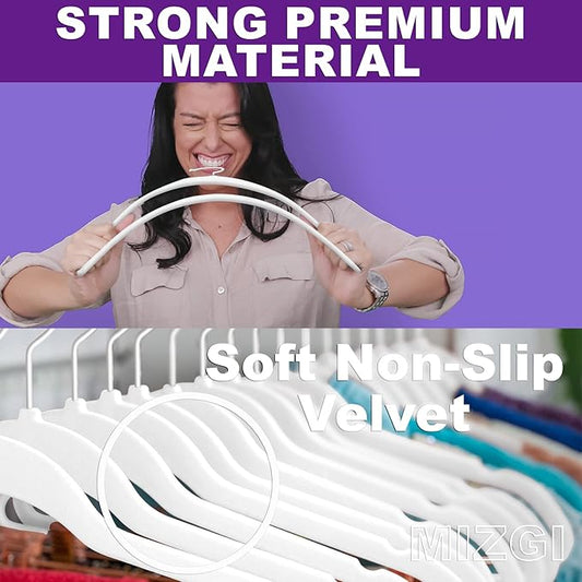 MIZGI Premium Velvet Hangers (60 Pack) Heavy Duty - Non Slip Felt Hangers - Velvet Suit Hanger White - White Coated Hooks,Space Saving Clothes Hanger