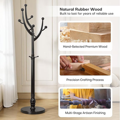 Freestanding Rubberwood Coat Rack, 11 Hooks & 16.5" Wide Round Base, Wooden Coat Rack Stand, Coat Hanger Free Standing Hall Tree for Entryway, Hallway, Bedroom, Jacket, Clothes (Black)