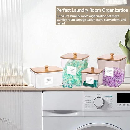 4 Pack Laundry Pods Container,Clear Dryer Sheet Holder & Laundry Room Organization and Storage with Lids, Scoops & Labels for Laundry Detergent, Powder, Dryer Balls, Beads (Mix Colors)