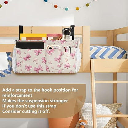 CuwrYet Bedside Caddy Hanging Bunk Bed Caddy Bed Organizer Hanging Pocket with 2 Hooks Bedside Storage Organizer Pocket Bag Holder Pink Cute Bow