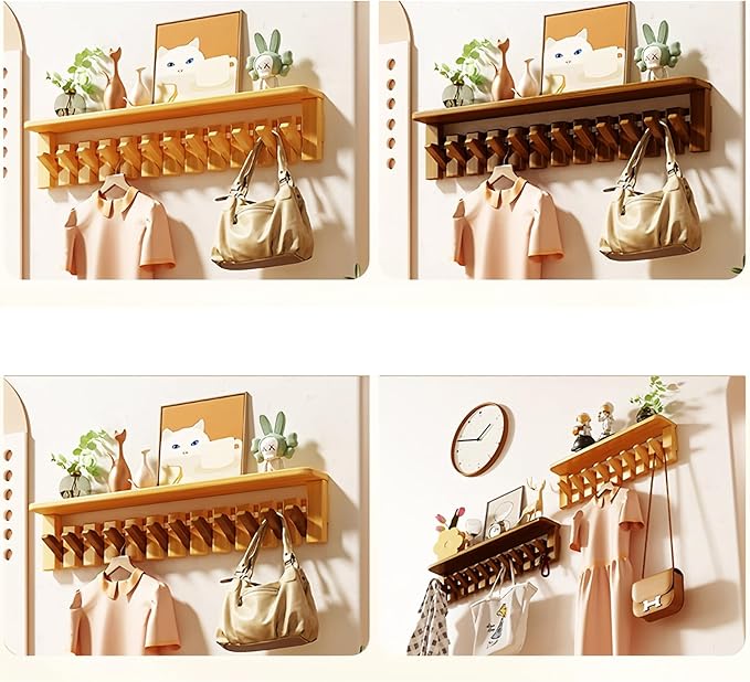 Wall Mounted Coat RackHooks Piano Key Hangers Natural Solid Wood Hanger Non-Woven Fabric Clothes Hangers for Closet, Kitchen, Bedroom, Bathroom, Entryway (Tray-Walnut, 10 Hooks)
