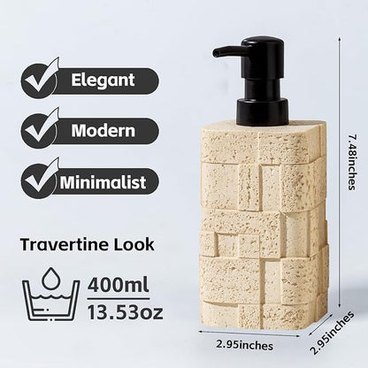 Haocoott Soap Dispensers 400mL 13.5 OZ, 2 PCS Luxurious Hand Dish Lotion Shampoo Soap Dispenser Jar, Travertine Stone Look Soap Pump Bottles for Kitchen Bathroom Countertop (Yellow)