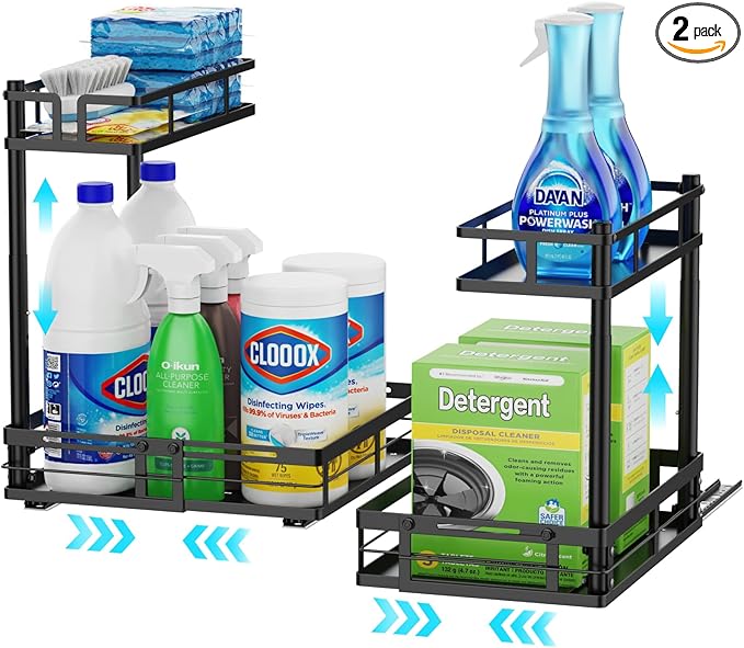 iSPECLE Under Kitchen Sink Organizer - 2 Pack Height Adjustable Pull Out Cabinet Organizer Fit Around Plumbing & Disposal, Heavy-Duty Undersink Storage Sliding Get Item for 30" - 36" Wide Sink Cabinet