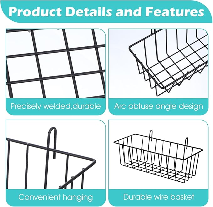 10 PCS Hanging Wire Baskets for Organizing - Hanging Metal Basket Storage with Wall Grid Panel, Rust-Resistant Iron for Kitchen Bathroom Home Decor (Black, 9x3.9x3 Inches)