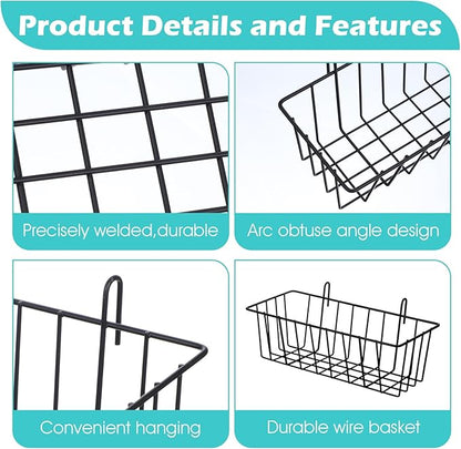 10 PCS Hanging Wire Baskets for Organizing - Hanging Metal Basket Storage with Wall Grid Panel, Rust-Resistant Iron for Kitchen Bathroom Home Decor (Black, 9x3.9x3 Inches)