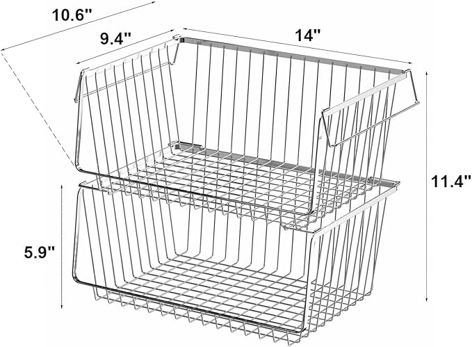 Wire Storage Baskets Stackable Large Metal Storage Organization, Pantry Storage Organizing Household Wire Baskets with Handles for Kitchen, Pantry, Bathroom, Cabinets, Bedrooms, Set of 2