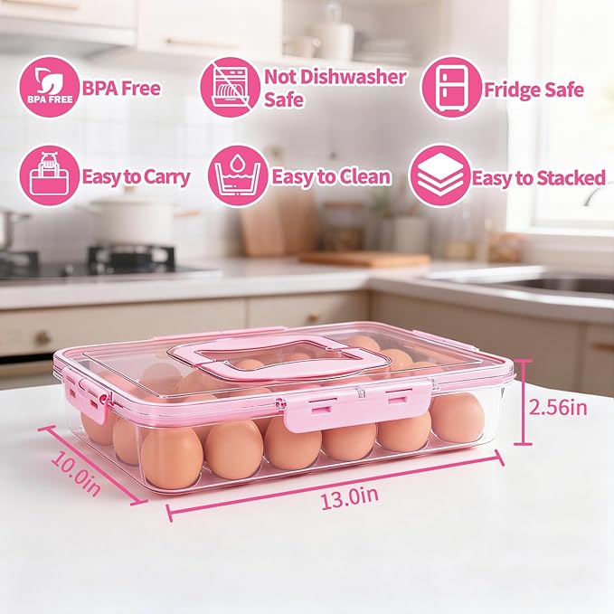 Deviled Egg Containers with Lid, 2 Pack Thick Clear Plastic Deviled Carrier with Handle Storage 48 Eggs, Stackable Egg Holder Portable Tray Platter for Fridge, Travel, Party-Pink