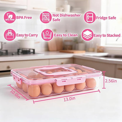 Deviled Egg Containers with Lid, 2 Pack Thick Clear Plastic Deviled Carrier with Handle Storage 48 Eggs, Stackable Egg Holder Portable Tray Platter for Fridge, Travel, Party-Pink