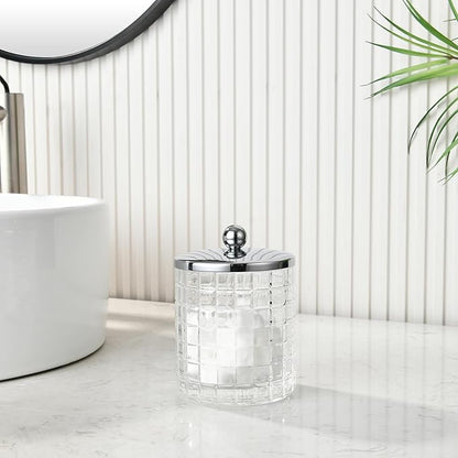 Indecor Home Glass Cotton Jar Holder Silver Lid, Elegant Bathroom Storage Canister for Qtips, Cotton Balls, Floss, Makeup Organizer, Vanity Bathroom Organization
