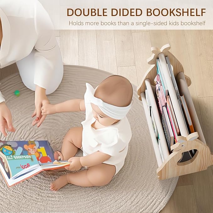 Double Sided Kids Bookshelf –2 Tier Portable Toddler Bookshelf,Book Shelf for Kids Rooms & Playroom,Wooden Montessori Baby Bookshelf,Toddler Book Display Shelves (Nature, Kangaroo)