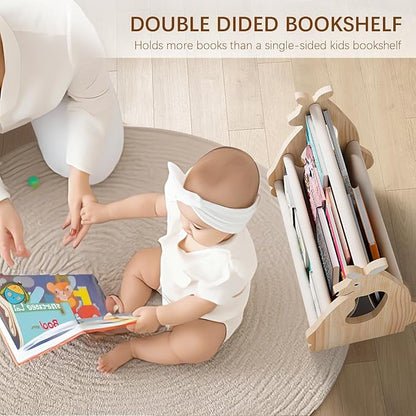 Double Sided Kids Bookshelf –2 Tier Portable Toddler Bookshelf,Book Shelf for Kids Rooms & Playroom,Wooden Montessori Baby Bookshelf,Toddler Book Display Shelves (Nature, Kangaroo)
