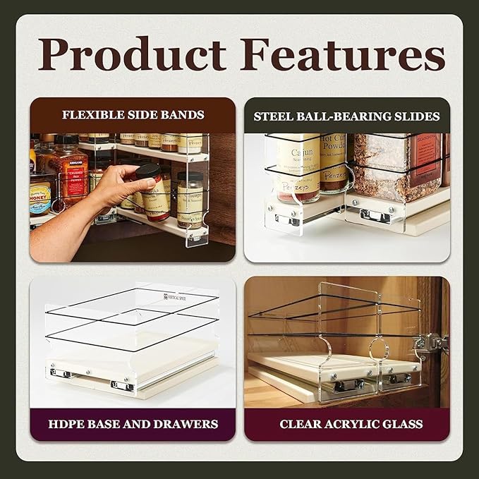 Vertical Spice - Sliding Spice Rack Organizer for Cabinets - Pull Out Shelves for Upper Kitchen Cabinets - Cabinet Organizer/Storage - 1 Tier - 3.45" x 5.0" x 10.6"(Cream, Partially Assembled)