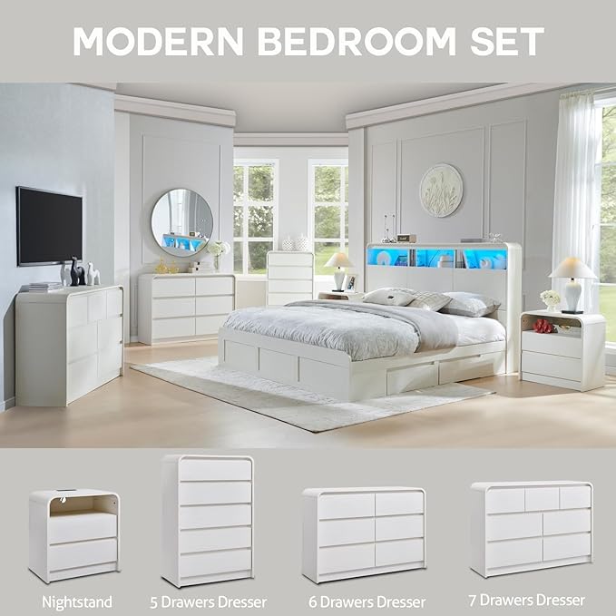 Aitjunz 25" Tall Modern Nightstand with Charging Station, 23.6'' Wide Wood Bedside Table w/2 Storage Drawers, Large Mid Century End Table for Bedroom, Living Room, Curved Profile Design, White