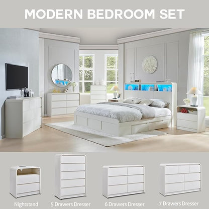 Aitjunz 25" Tall Modern Nightstand with Charging Station, 23.6'' Wide Wood Bedside Table w/2 Storage Drawers, Large Mid Century End Table for Bedroom, Living Room, Curved Profile Design, White