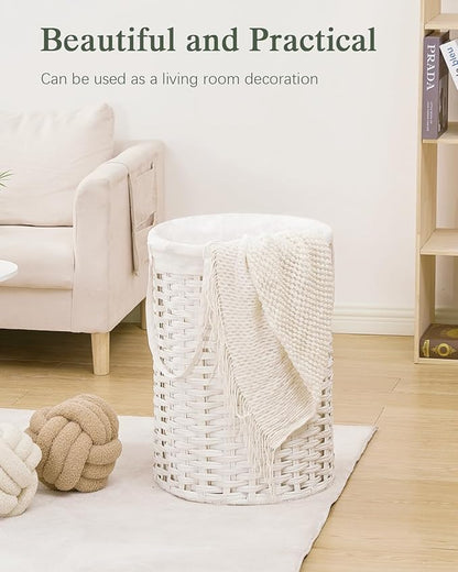 Laundry Hamper Laundry Basket Round 19.0 Gal (72 L) Handwoven Rattan Hamper, Large Wicker Laundry Hamper with Removable Laundry Bag Handles 2 Mesh Bags for Bedroom Living Room White (No Lid)