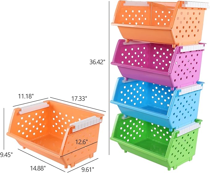 Ramddy 4 Tiers Kitchen Stackable Storage Basket, Plastic Multi-functional Stacking Basket Bin, Colored Pantry Storage Bin