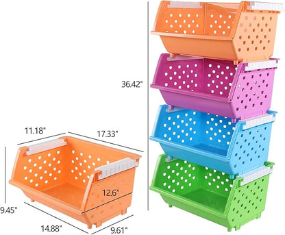 Ramddy 4 Tiers Kitchen Stackable Storage Basket, Plastic Multi-functional Stacking Basket Bin, Colored Pantry Storage Bin