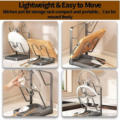 OZAMGSZWSY Kitchen Pot Lid Storage Rack, 304 Stainless Steel Pot Lid Holder While Cooking, Multifunctional Kitchen Pot Cover Organizer for Countertop, With Removable Drip Tray (Double Beige)