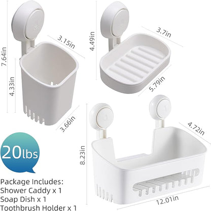 MoJoTools Shower Caddy Suction Cup Set - No-Drill Removable 3-Pack Organizer with Shower Shelf, Soap Dish, and Toothbrush Holder - Strong Suction, Waterproof, Ideal for Bathroom Organization