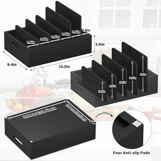 Kiasthome Bamboo Lid Organizers Inside Cabine, Lid Organizer Kitchen Cabinet with 5 Adjustable Dividers, Food Container Plastic Lids Organizer Holders for Drawer Pantry, Black