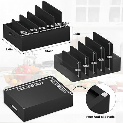 Kiasthome Bamboo Lid Organizers Inside Cabine, Lid Organizer Kitchen Cabinet with 5 Adjustable Dividers, Food Container Plastic Lids Organizer Holders for Drawer Pantry, Black