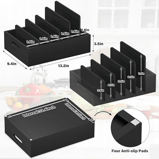 Kiasthome Bamboo Lid Organizers Inside Cabine, Lid Organizer Kitchen Cabinet with 5 Adjustable Dividers, Food Container Plastic Lids Organizer Holders for Drawer Pantry, Black