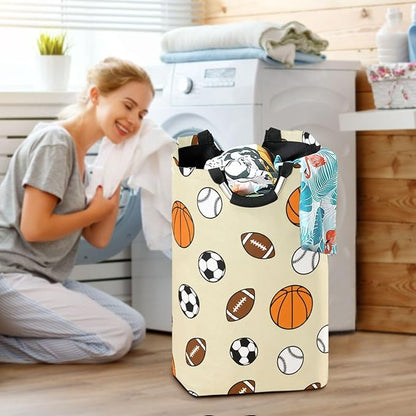 Laundry Hamper Basket Basketball Sports Balls Beige Storage Basket Collapsible Laundry Bag with Handle Decorative Organizer Bins Basket for Laundry Room College Dorms Clothes