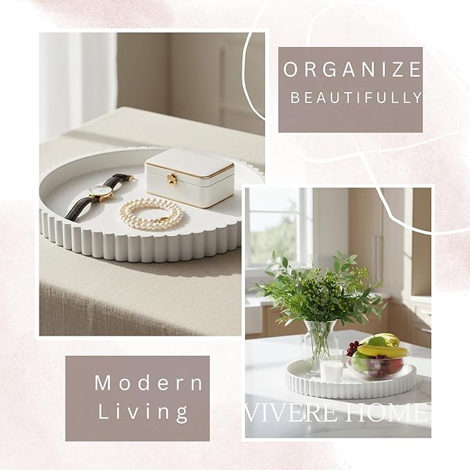 Vivere Home 13-Inch Round Coffee Table Tray - Concrete Round White Decorative Tray for Coffee Table Decor - Table Centerpieces Kitchen Island Trays Decorative Trays - Dining Room Tray White