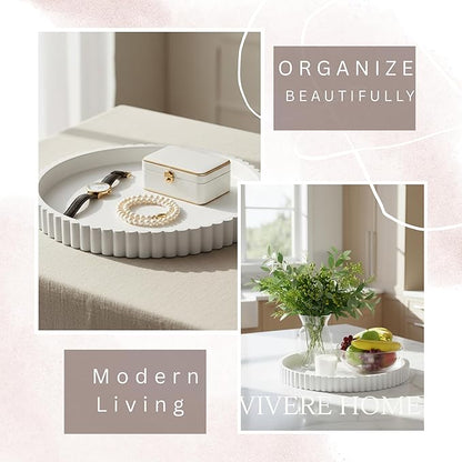 Vivere Home 13-Inch Round Coffee Table Tray - Concrete Round White Decorative Tray for Coffee Table Decor - Table Centerpieces Kitchen Island Trays Decorative Trays - Dining Room Tray White