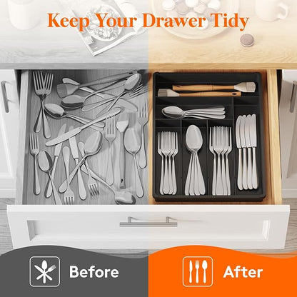 Lifewit Silverware Tray, Deep Wide Cutlery Drawer Organizer Storage for Kitchen, Plastic Flatware Utensil Holder Divider for Spoons Forks Knives Tableware, 6 Compartment, Black